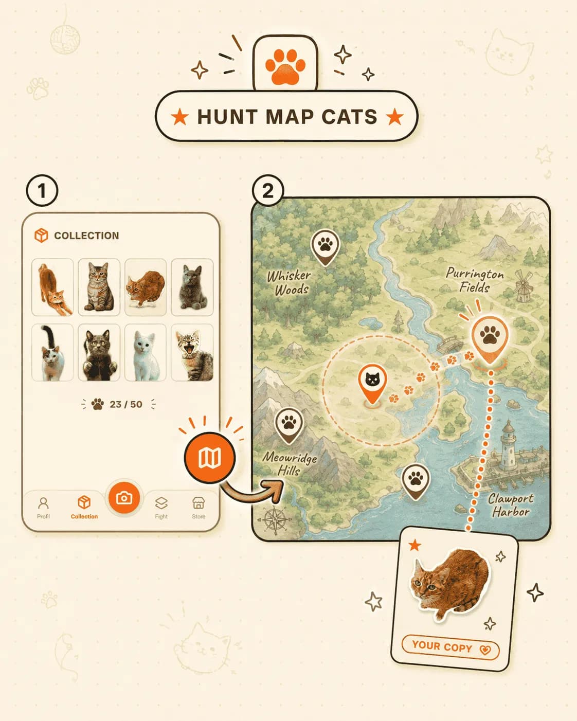 CatchCat world map showing nearby cat spawns.