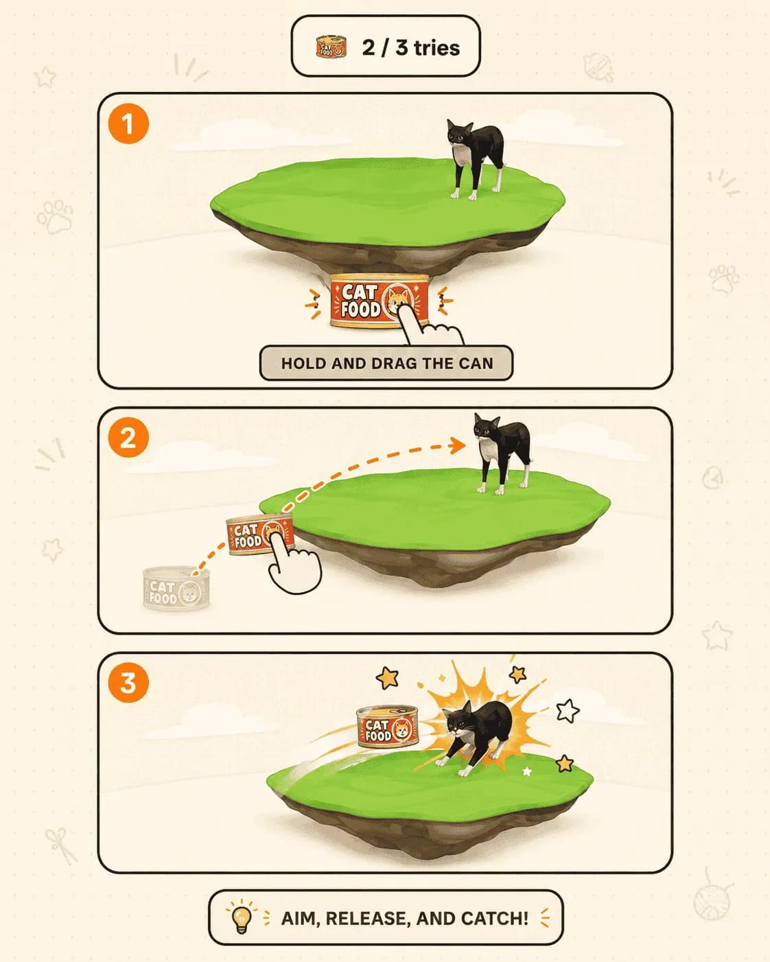 CatchCat catch minigame — drag the cat food can and land the throw.